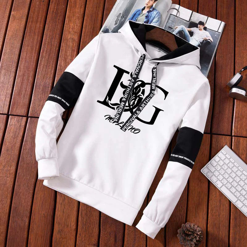 Letter Printed Hoodies Men's Graphic Drawstring Loose Tracksuit Top Trendy Hip Hop Hooded Pullover Male Outdoor Jogging Hoody