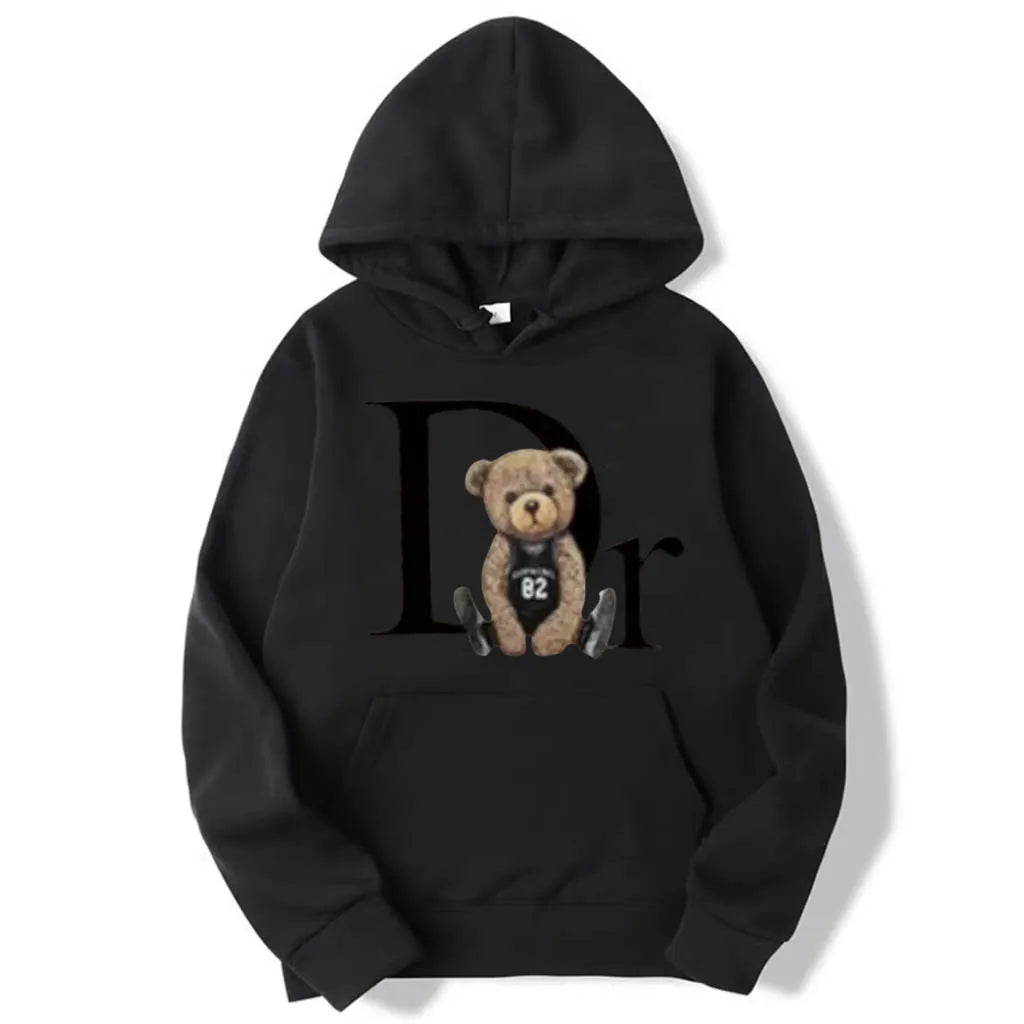 Autumn Winter Neutral Letter Bear Printed Hoodie Men's Casual Hoodie Loose Street Wear Skateboarding Single Color Man Clothing