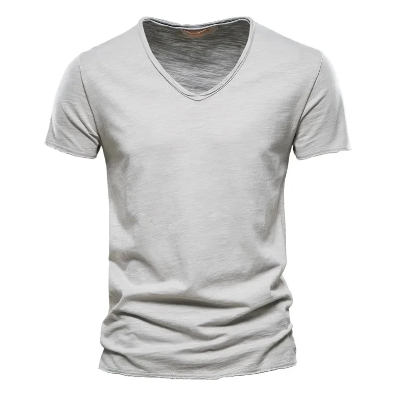 Brand Quality 100% Cotton Men T-shirt V-neck Fashion Design Slim Fit Soild Male Tops Tees Short Sleeve