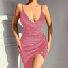 Spring/Summer New Sexy Shiny Pink Solid Color High Fork Deep V-Belt High Waist Dress