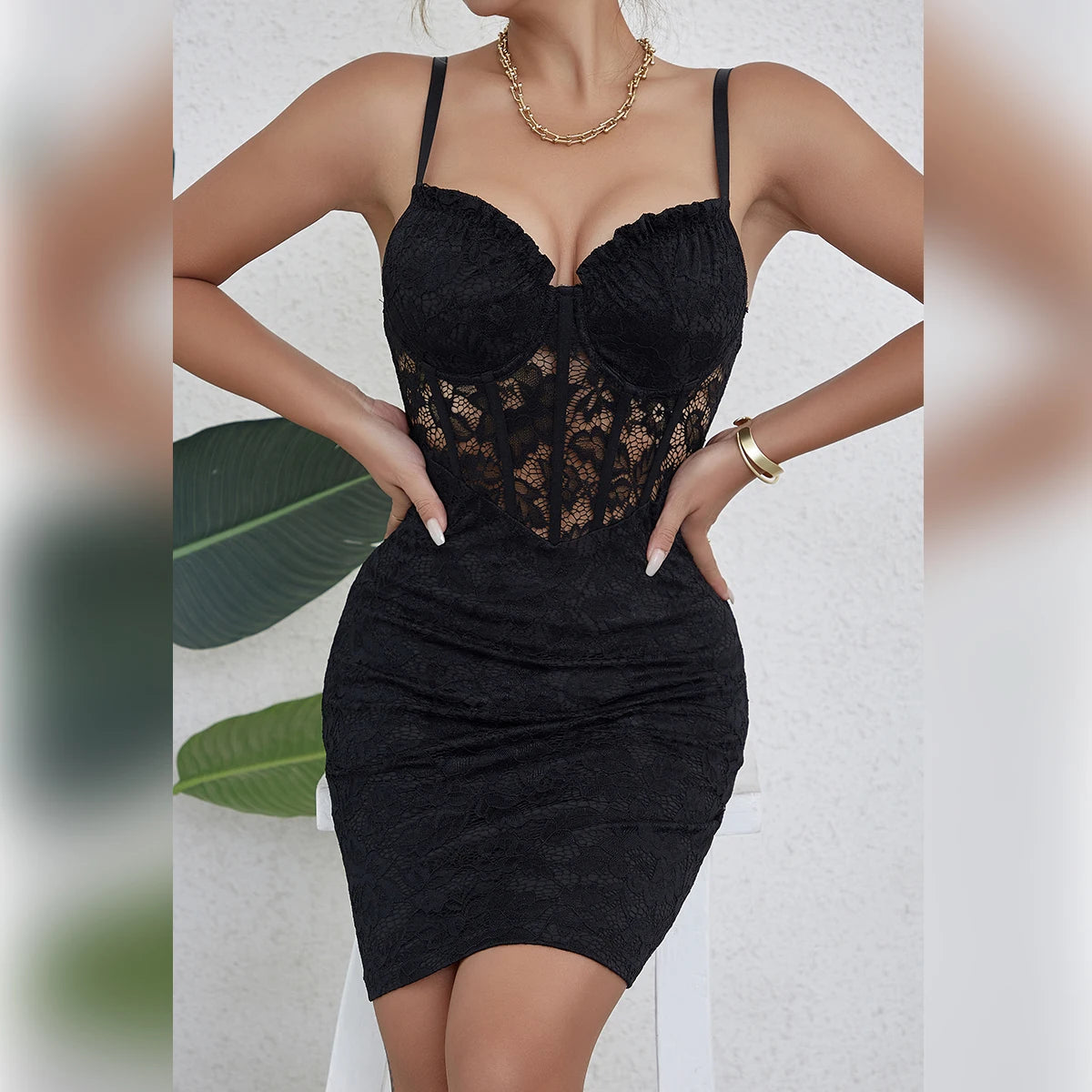 Black Sleeveless Backless Y2k Skirt Crop Floral Lace Sexy Hollowing Mesh See Through V-Neck Bodycon Hotsweet Party Dress