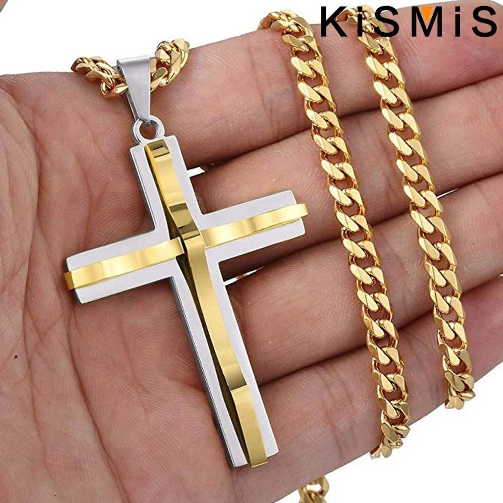 KISMIS 1PC Stainless Steel Cross Necklace Pendant Jewelry Catholic and Christian Jesus Amulet