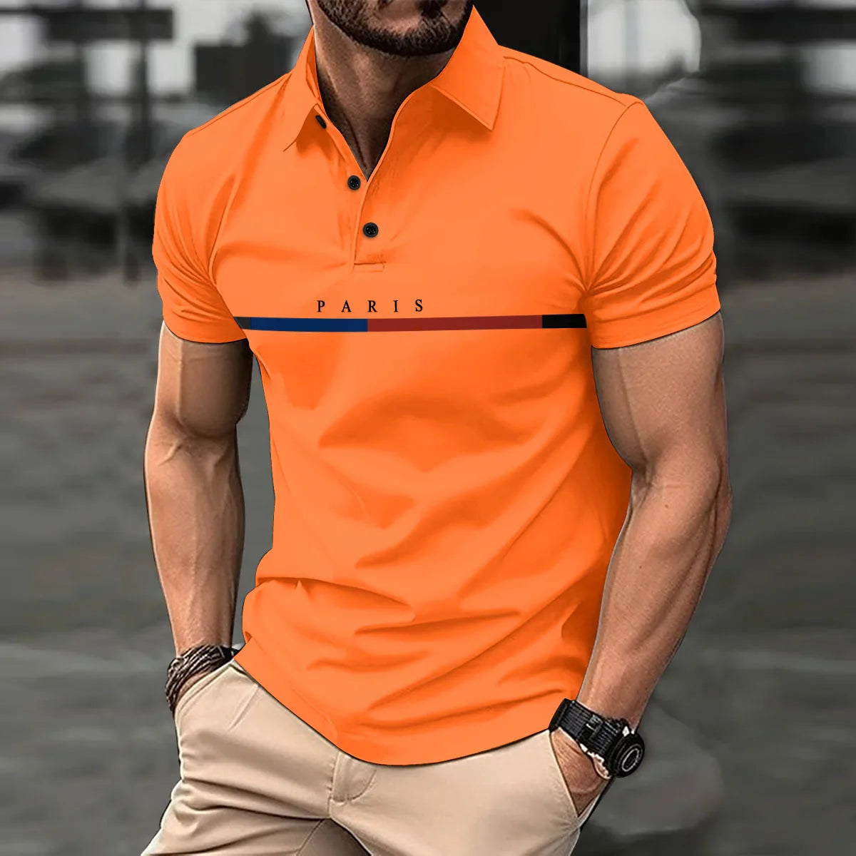 New Men's Classic Short Sleeve PARIS Letter Polo Shirt Summer Top Casual T-Shirt Lapel Button Polo Shirt