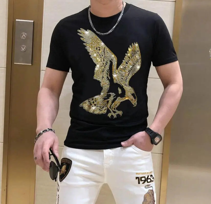 S-6XL  T-shirt  Anime  Rhinestone T Shirt Men  Streetwear Short Sleeve Cotton  Oversize Summer Tops