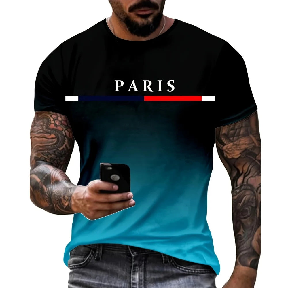 Fashion T-shirt For Men Gradient Color Paris Graphic 3D Printed T-shirts Casual Short sleeved Tees Oversized Men's Clothing Tops