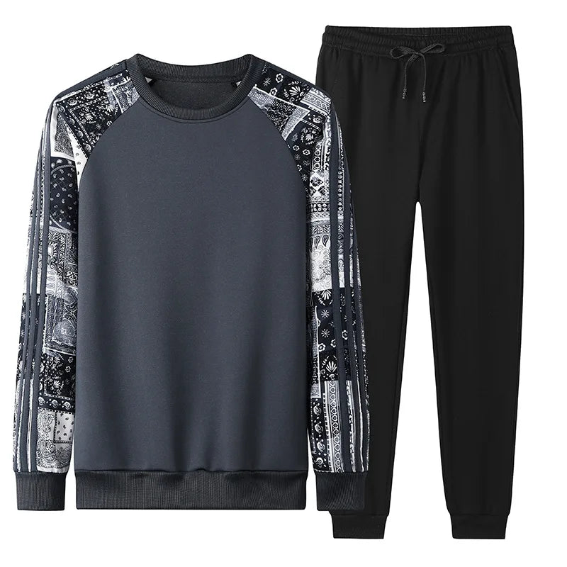 Spring and Autumn New Fashion Printed Long Sleeve T-shirt Set For Men Leisure Loose Comfortable High Quality Two-Piece Set