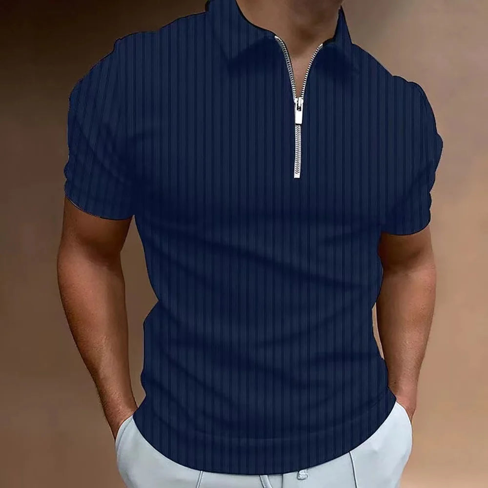 New Mens Fashion Polo Shirt Summer Stripe Zipper Mens Polo Shirt Solid Color T-shirt Brand Short Sleeve Shirt Casual SlimmingTop