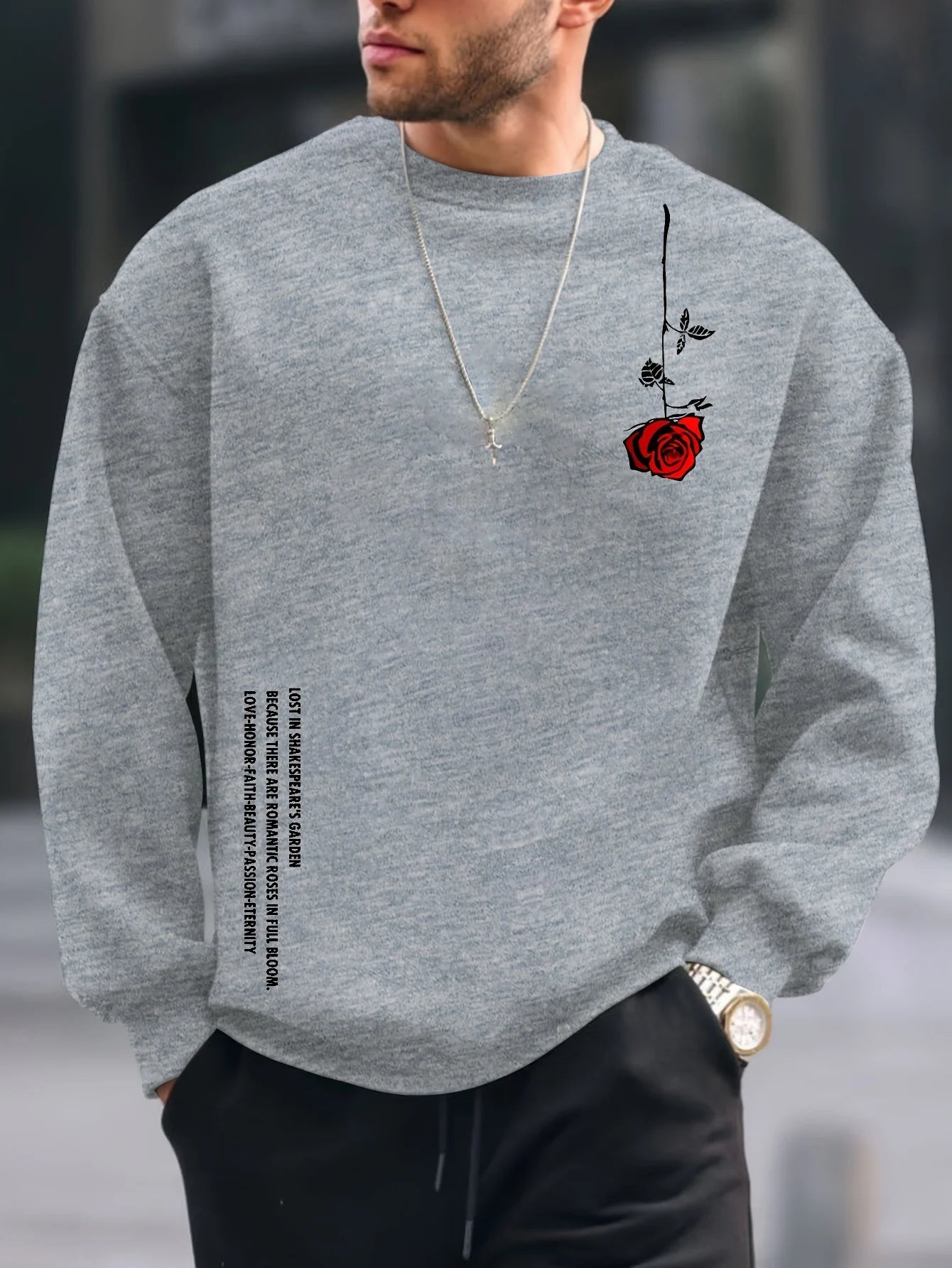 Men's autumn and winter fashionable casual loose plus rose pattern printed fleece pullover round neck long sleeved sweatshirt