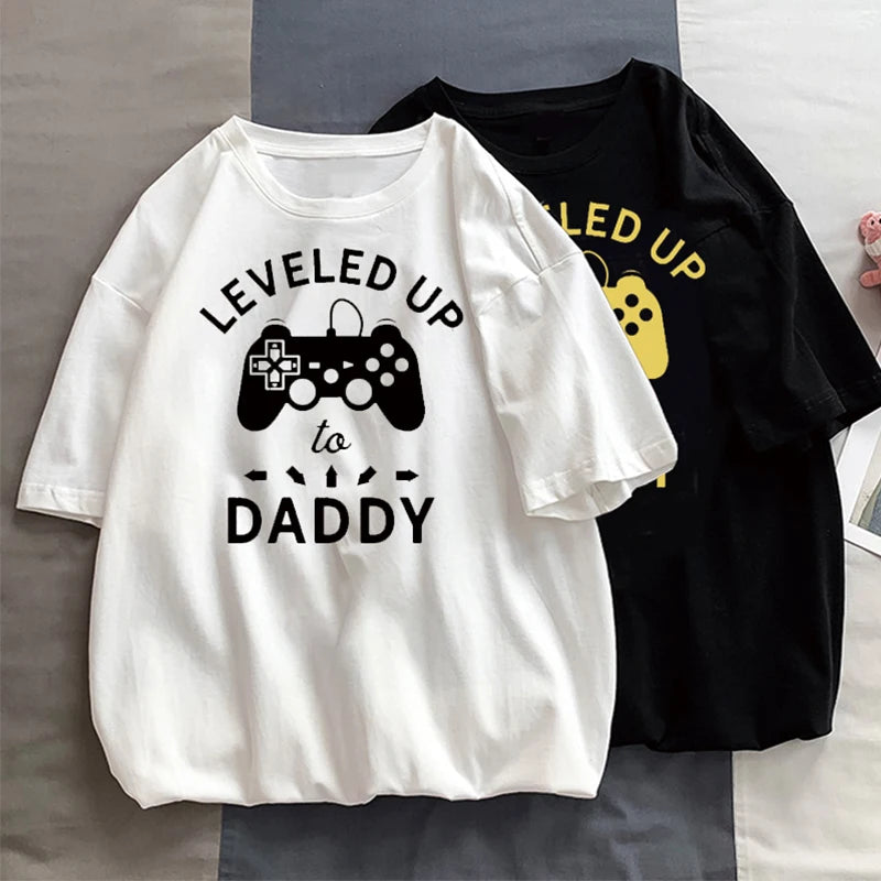 Funny Video Game Fathers Day Tshirt Mens Leveled Up To Daddy Tops Male Casual Oversized Streetwear Ropa Hombre Masculinas Tee