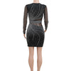 Sheer Mesh Rhinestone O-Neck Long Sleeve Skinny Party Dress