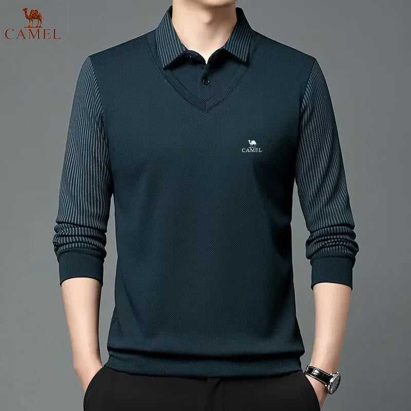 New Long Sleeve Polo Shirts Waffle Men's Long Sleeve T-shirt Spring Lapel Business Casual Polo Shirt Elastic Base Shirt Top