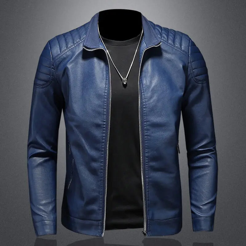 Pu Leather Jacket Men Winter Leahter Jacket Male Stand Collar Casual Windbreaker Trendy Mens Clothing Black Blue