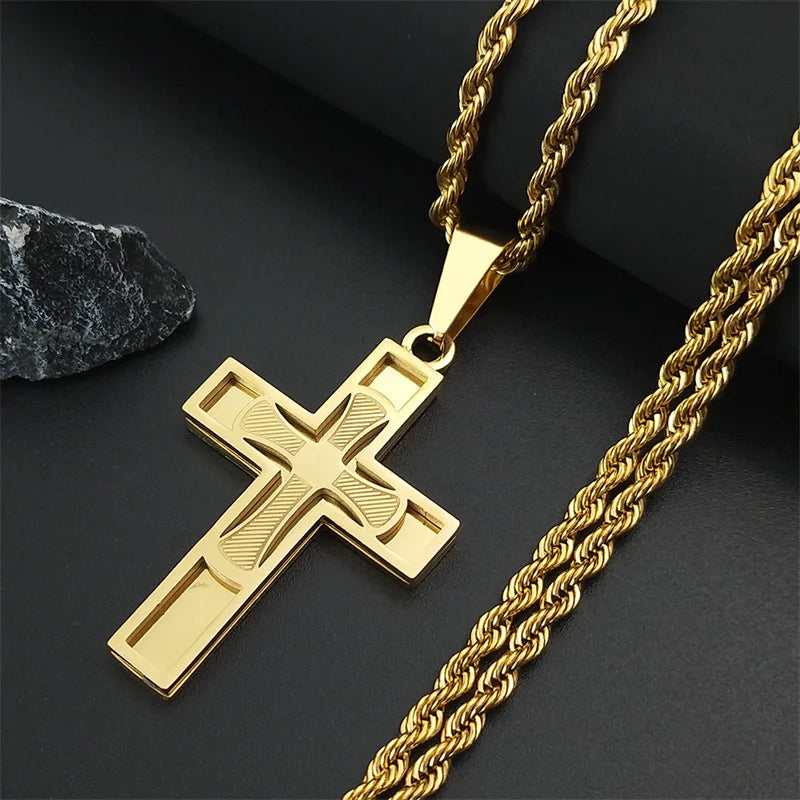 Big Cross Jesus Stainless Steel Necklace for Men Women Gold Color Hip Hop Male Long Chain Gift Jewerly cordao masculino N1172S02