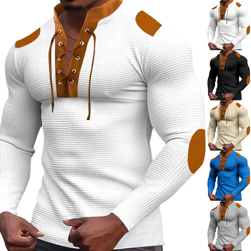 Cross-border new men's waffle color matching strap V-neck top casual long-sleeved bottoming T-shirt