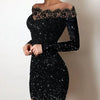 Elegance, Leisure, Sexy Long sleeved Lace Edge, One Shoulder Silver Powder Sprinkled Dress