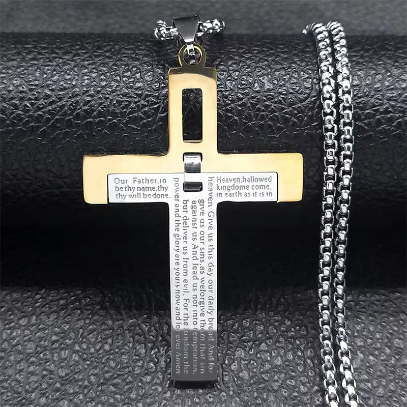 Christian Jesus Cross Necklace Chain for Men Stainless Steel Gold Color Bible Prayer Man Male Jewelry collar hombre N2005S02