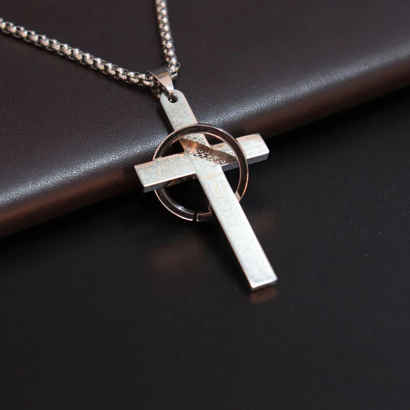 Simple Cross With Circle Pendant Necklaces Stainless Steel Chain Christ Cruz Necklace For Men Boys Cool Neck Jewelry Collier