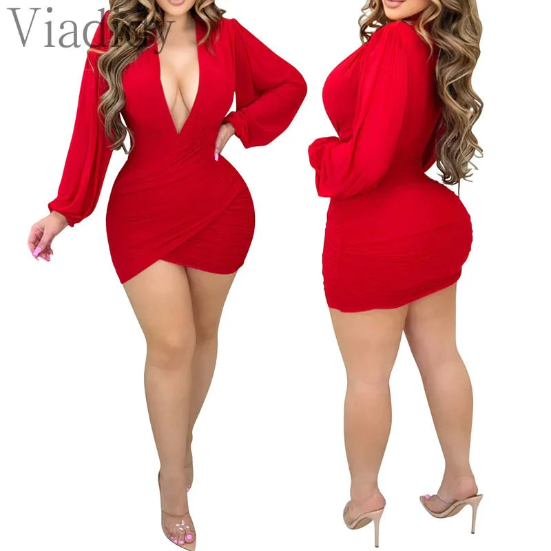 Deep V-Neck Mesh Long Sleeve Ruched Party Dress Femal Vestido