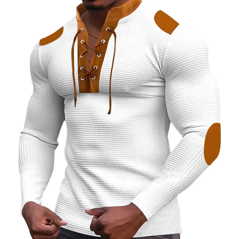 Cross-border new men's waffle color matching strap V-neck top casual long-sleeved bottoming T-shirt