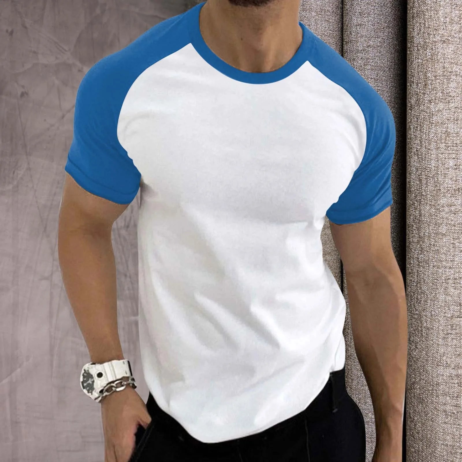 Mens Sports T-Shirts Trendy Color Contrast Raglan Sleeves Tees Round Neck Short Sleeve T-Shirt Casual Retro Comfort Sportswear