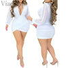 Deep V-Neck Mesh Long Sleeve Ruched Party Dress Femal Vestido