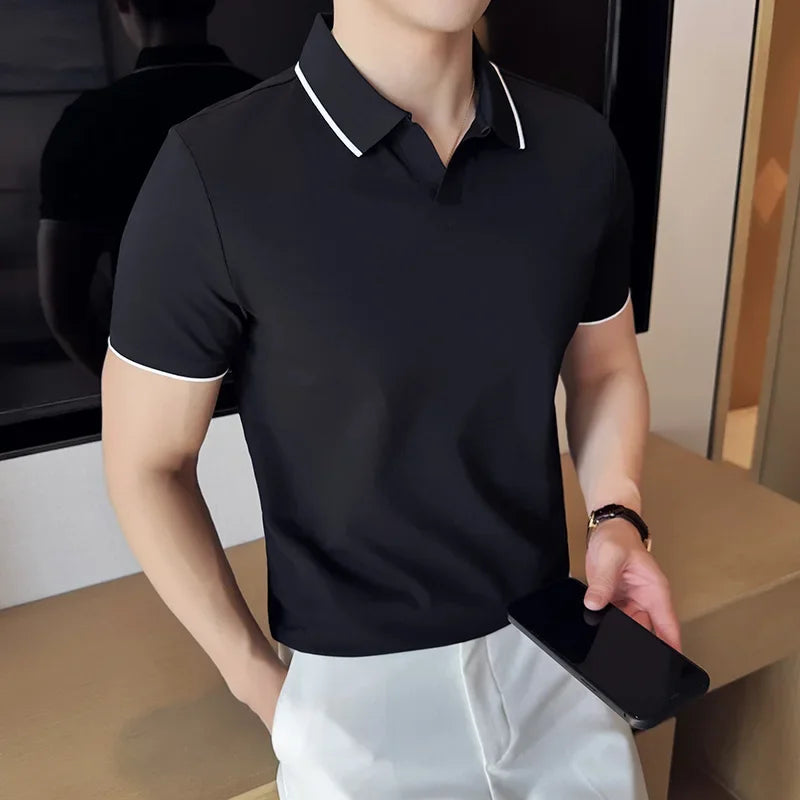 Men Polo Shirt Thin British Style Solid Casual Slim Fit Short Sleeved Top T-shirt Fashion Streetwear Men Clothing