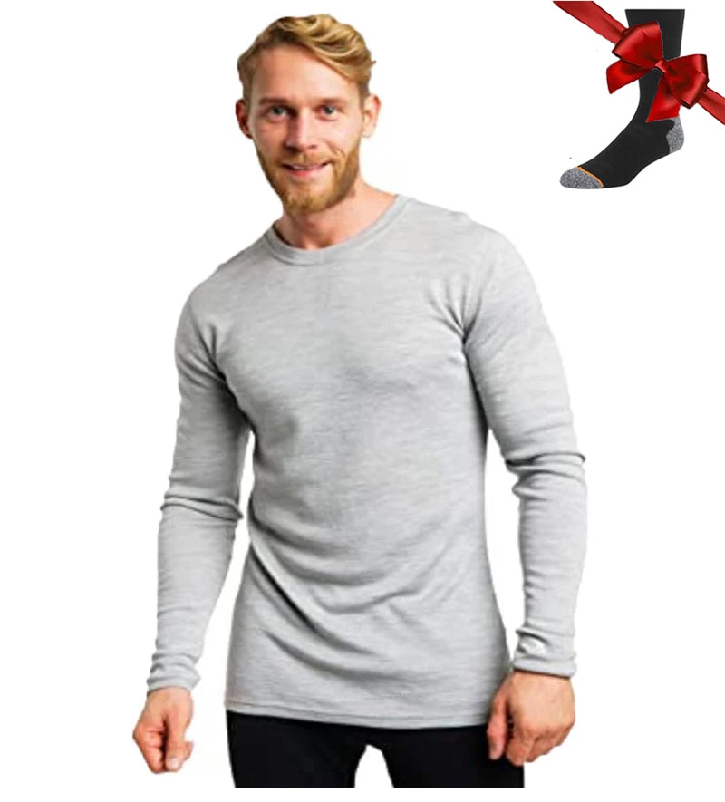 100% Merino Wool Base Layer Men Merino Wool Long Sleeve 240G Midweight Thermal Underwear Wicking Breathable Top + Hiking Socks