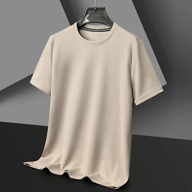 Men's New Waffle Round Neck Short Sleeved T-shirt Summer Comfortable Top