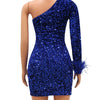 Znaiml Luxury Glitter Sequins Party Birthday Nightclub Dress for Women Sexy One Shoulder Long Sleeve Feathers Cocktail Prom Robe