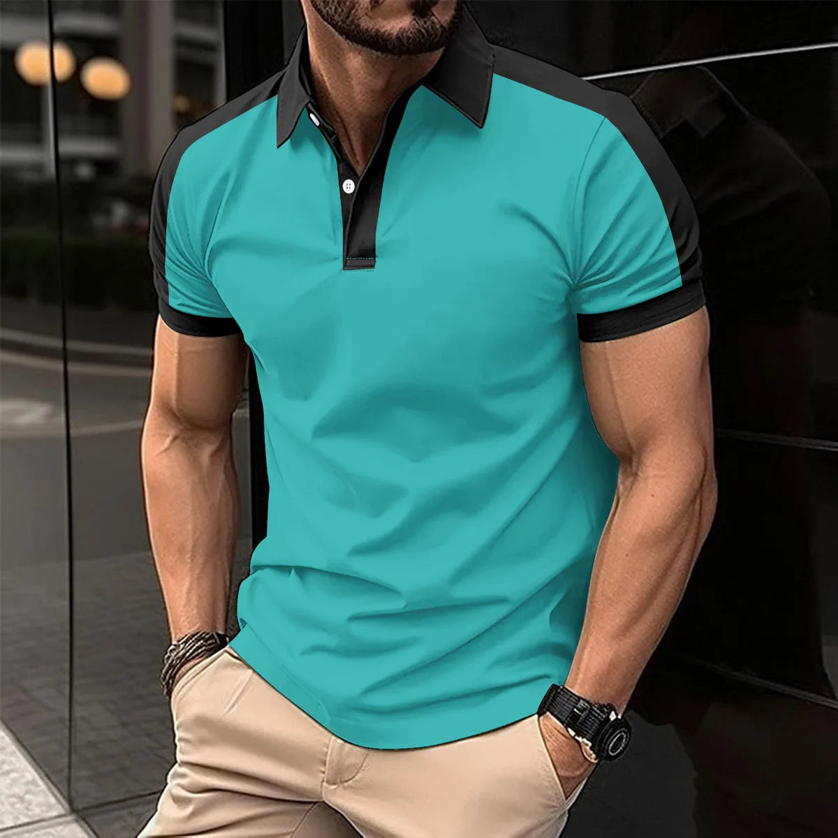 Amazon New Cross-border Men Casual POLO Shirt Fashionable Lapel Button Business Color Matching Versatile T-shirt Top