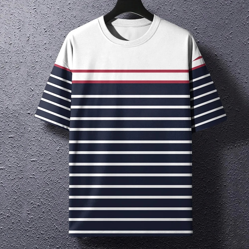 Summer Men's T-Shirt Stripe Print Crew Neck Pullover Business Casual Short Sleeve Tops Men's Casual Oversized Tees Fashion Tops