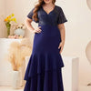 Plus Size V Neck Blue Banquet Prom Short Sleeve Evening Dress 4XL 5XL Big Size Banquet Bridesmaid Shiny Prom Gown