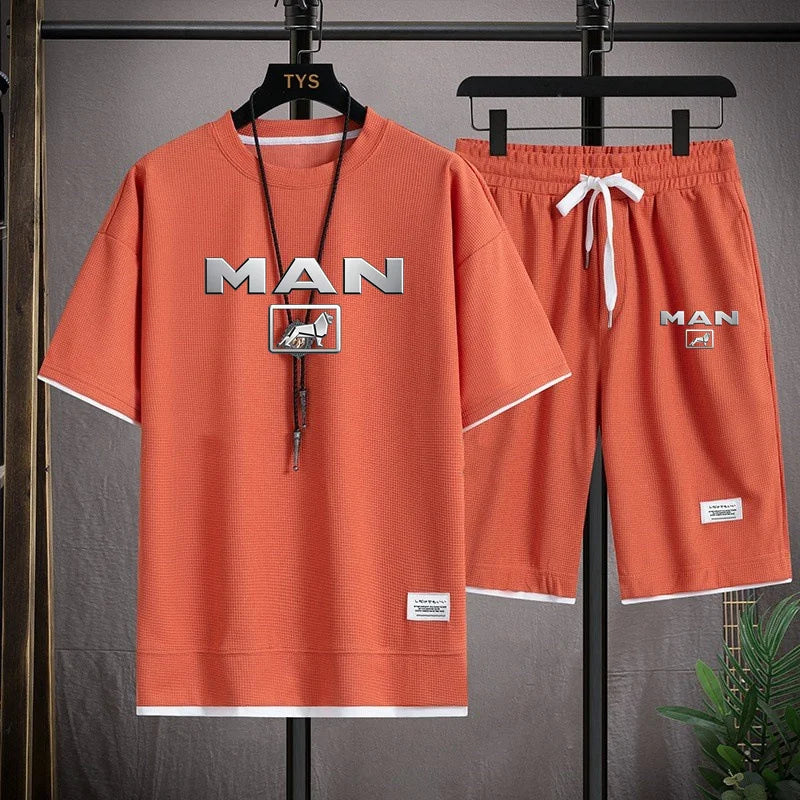 Mens Tracksuit T-shirt and Shorts Two Piece Set Truck Man Car Logo Men Sports Suit Fashion Breathable Sets