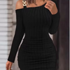 Metal Chain Solid Color Slim Dresses Women's Long Sleeved Sloping Collar Off Shoulder Dress Sexy Elegant Autumn Dress