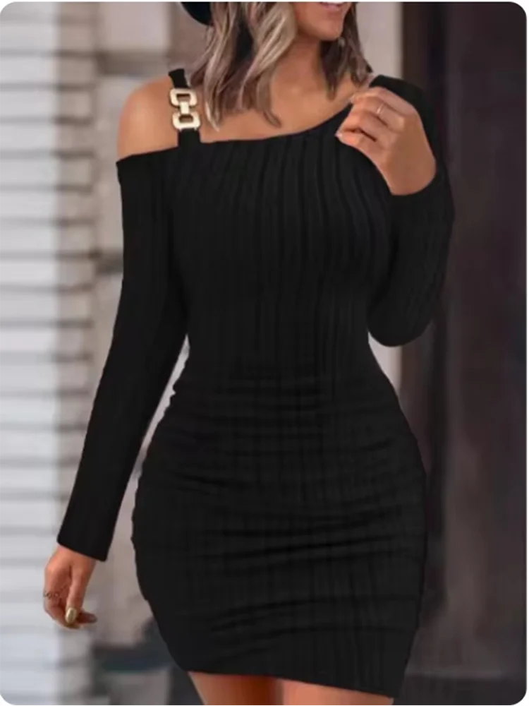 Metal Chain Solid Color Slim Dresses Women's Long Sleeved Sloping Collar Off Shoulder Dress Sexy Elegant Autumn Dress