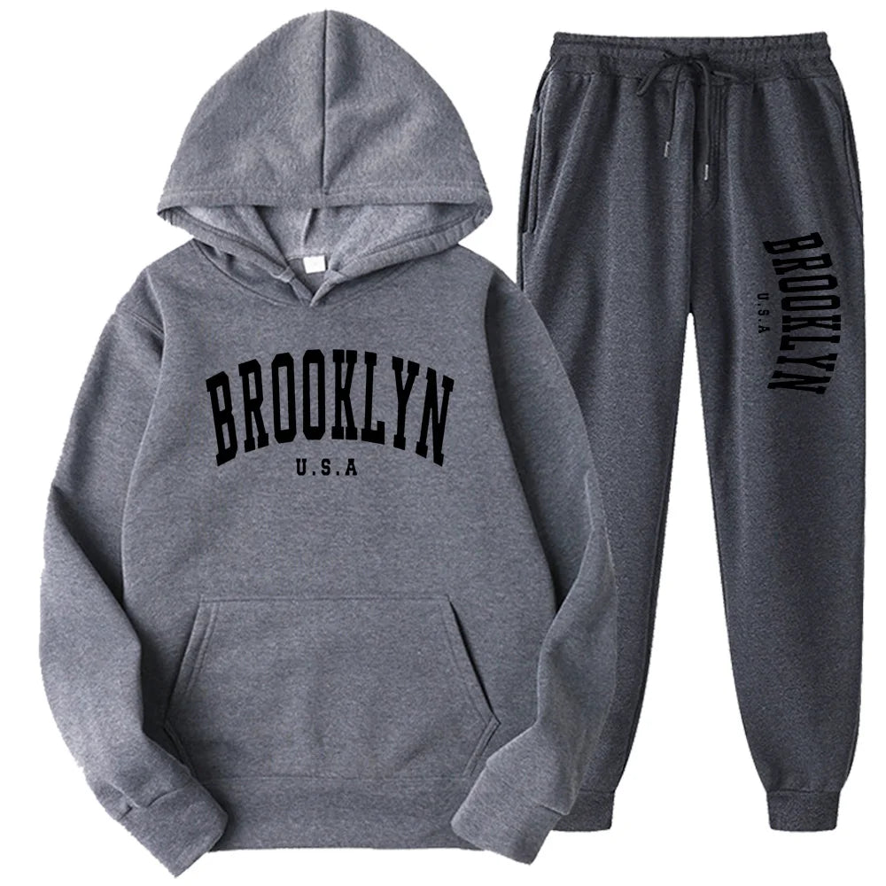 BROOKLYN USA Autumn Winter Popular Mens Tracksuit Zipper Hooded Sweatshirt Suit Casual Warm Jacket Coat+Jogging Sweatpants