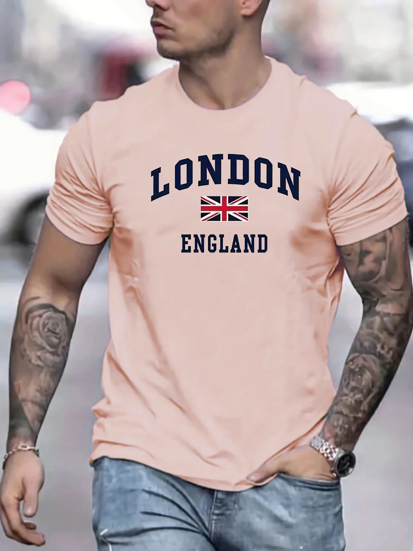 Summer men's 100% pure cotton casual loose fit plus size London England pattern printed round neck short sleeved T-shirt top