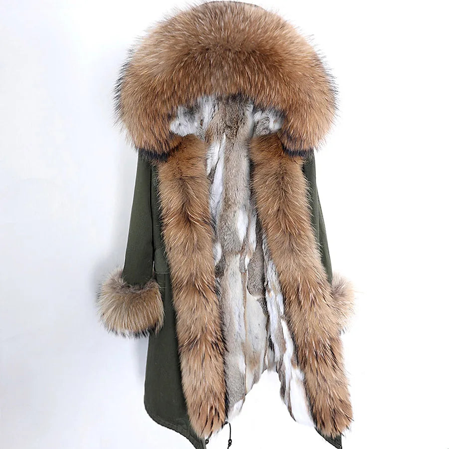 MAOMAOKONG NEW Women's winter coats fur coat Natural real raccoon fur collar jackets Rabbit lining parka Female X-Long