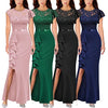 Women's Elegant Floral Lace Ruffle Cap Sleeve Cocktail Party Knee Length Dress