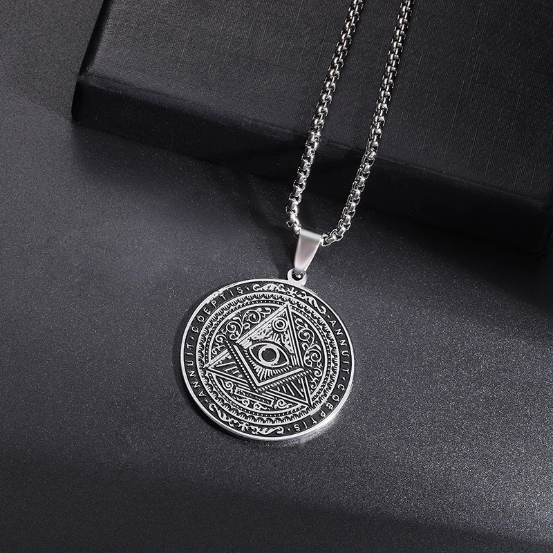 Men\\'s Classic Punk Gold Plated Freemason Round Medal Pendant Necklace Hip hop Style Rock Party Jewelry