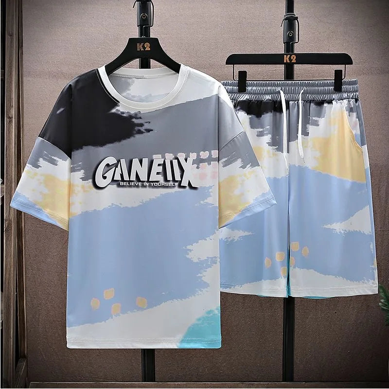 Summer New Fashion Printed Ice Silk Plus-Size Men's Casual Relaxed Comfortable Breathable High-Quality Two-Piece Set M-4XL