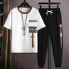 New Mens Joggers Set Korean Fashion Outfit Suits Print T-shirt Multi-pocket Cargo Pants 2 Piece Set