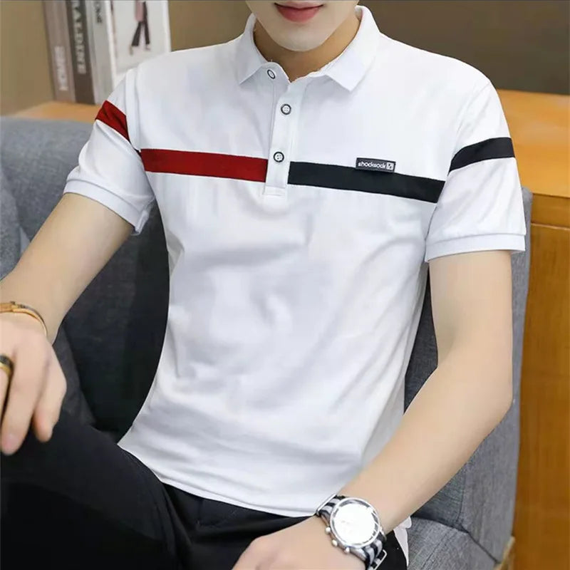 Men's Summer Casual Cotton Polo Shirt Fashion Slim Comfortable Versatile Streetwear Top Lapel Spliced Short Sleeve T-shirt