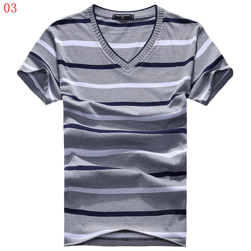 Male V-neck Tees Tops Men's Short Sleeve Tshirt Man Cotton Striped T Shirts Mens Clothing Multi Size