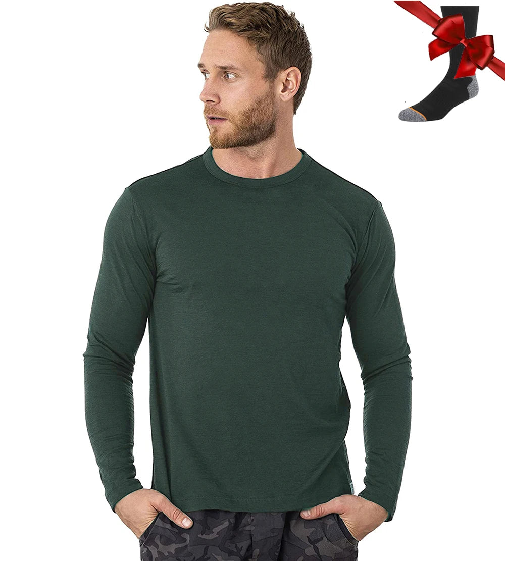 100% Merino Wool Base Layer Men Merino Wool Long Sleeve 240G Midweight Thermal Underwear Wicking Breathable Top + Hiking Socks