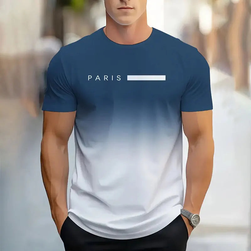 Summer New Men's T-shirt Fashion Simple Gradient Printing Short-sleeved Tops Men's Breathable Round Neck Short-sleeved Clothing