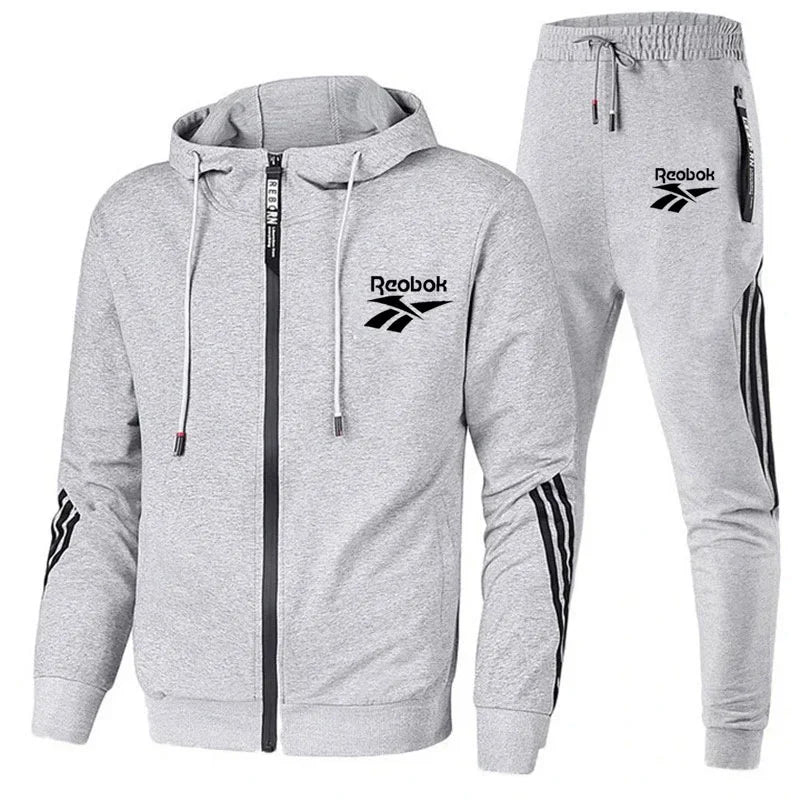 Striped hooded zipper jacket + casual jogging pants 2 sets of sports