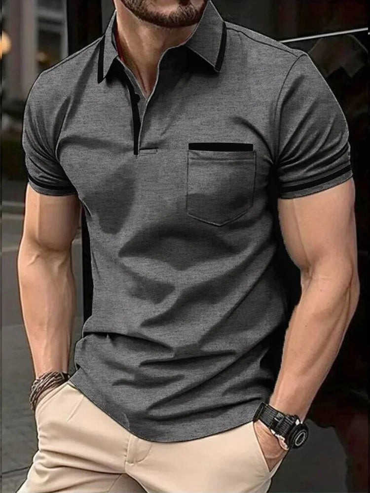 Men's casual fashion solid color short sleeve top lapel men's short sleeve T-shirt Casual fashion solid color top short sleeve