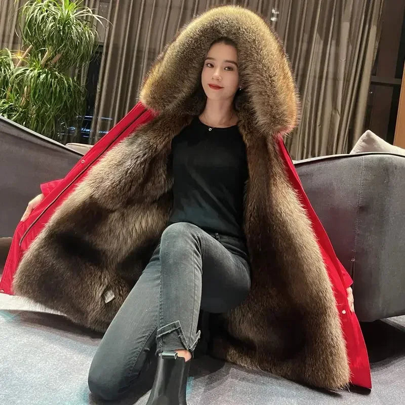 Winter Warm Coat Fox Fur Jacket 2023 New Hooded Black Imitation Fur Woman Parkas Mulher Parkas Women's Jacket Red Fur Coats