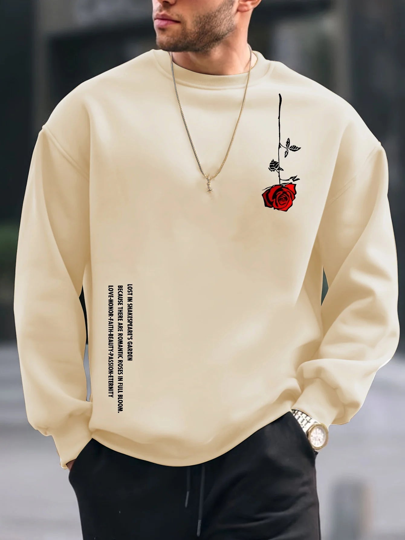 Men's autumn and winter fashionable casual loose plus rose pattern printed fleece pullover round neck long sleeved sweatshirt